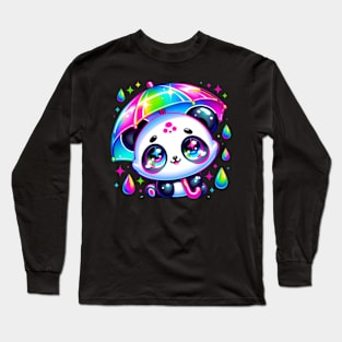 Kawaii Panda with Umbrella Holographic Neon Rainbow Chibi Long Sleeve T-Shirt